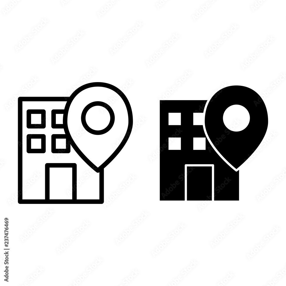 Poster office location pin line and glyph icon. building on map vector illustration isolated on white. gps 