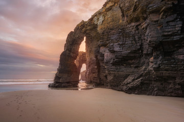 dyllic sunrise landscape in Cathedrals beach, Ribadeo, Galicia, Spain.