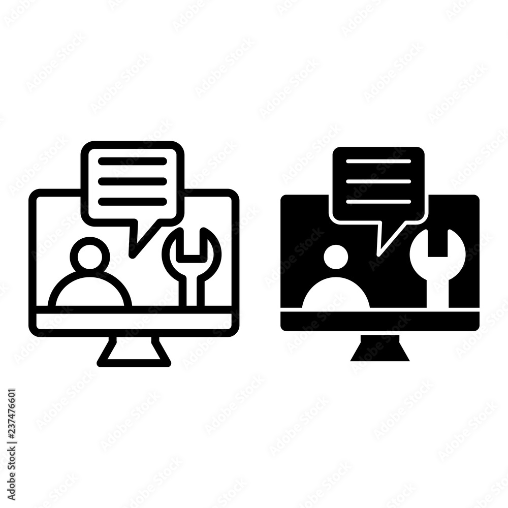 Poster computer with symbol repair service on screen line and glyph icon. tech support on monitor vector il