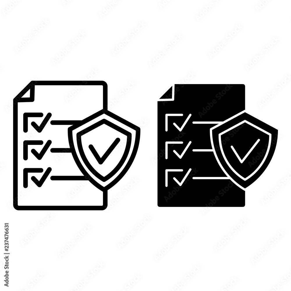 Poster document approve line and glyph icon. checklist with shield vector illustration isolated on white. p