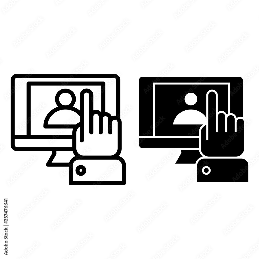Poster resume on monitor line icon. hand pointing on screen with vacancy document vector illustration isola