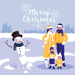 group of family with clothes christmas in winter landscape