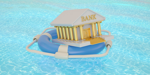 Financial protect from bank failure lifebuoy with bank building swimming in the water 3D illustration.