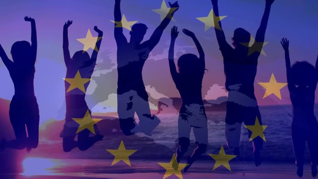 Friends jumping together at beach with European flag and map