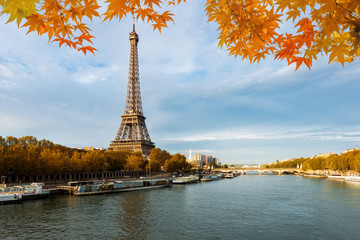 Fototapeta na wymiar Seine in Paris with Eiffel tower in autumn season in Paris, France.