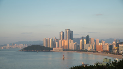 Obraz premium Panorama view of Haeundae beach. Haeundae beach is Busan's most popular beach in South Korea.