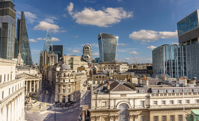 Fototapeta premium Aerial view of skyscrapers of the world famous bank district of central London