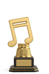 Gold musical note trophy isolated on white background 3D illustration.
