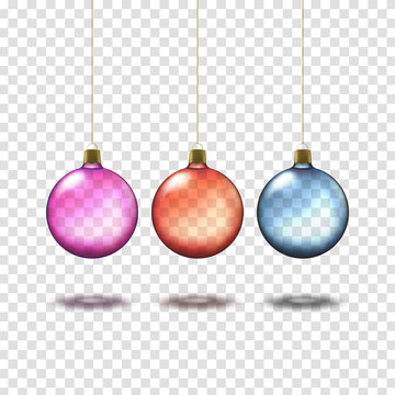Transparent colorful christmas balls isolated on transparent background. Realistic christmas decorations. Vector illustration. 