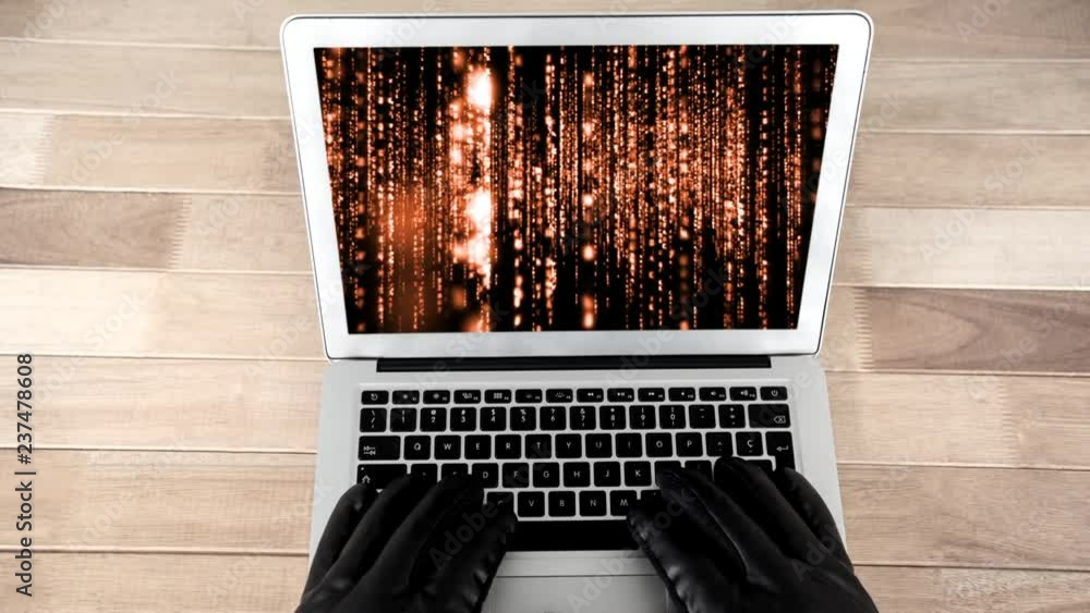 Poster digital animation of hacker using laptop 4k