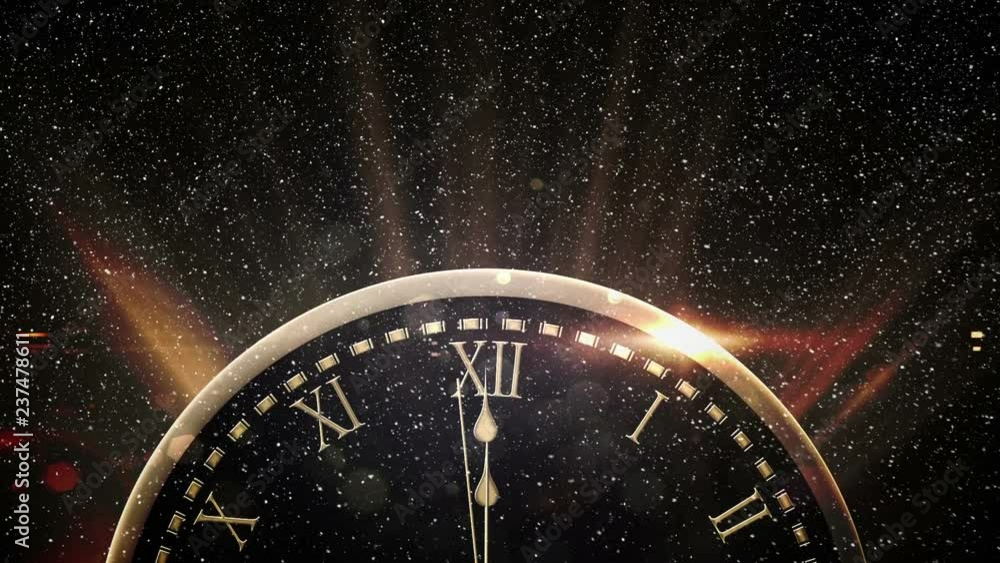 Poster video composition with falling snow over animation of countdown clock