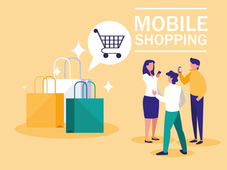 mini people with smartphone and shopping online
