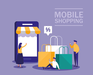 mini people with smartphone and shopping online