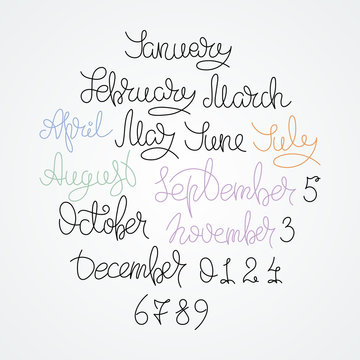 Calendar collection of months and numbers for all year, week, seasons. Ink modern brush calligraphy