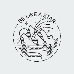 Be like a star. Night mountains with starfall. Nature exploration vector vintage poster. Modern flat linear vector illustration