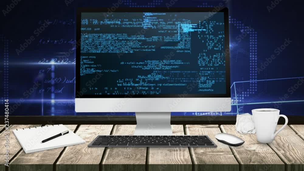 Poster binary code technology on computer screen on desk 4k