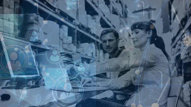 Warehouse Composition of Woman and man working in the warehouse combined with animation of c
