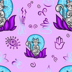 Funny seamless pattern with cartoon cat doing yoga position. Cat meditation in lotus. Healthy lifestyle concept.