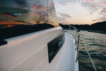  modern yacht hull on the background of the sea. Boat trip.