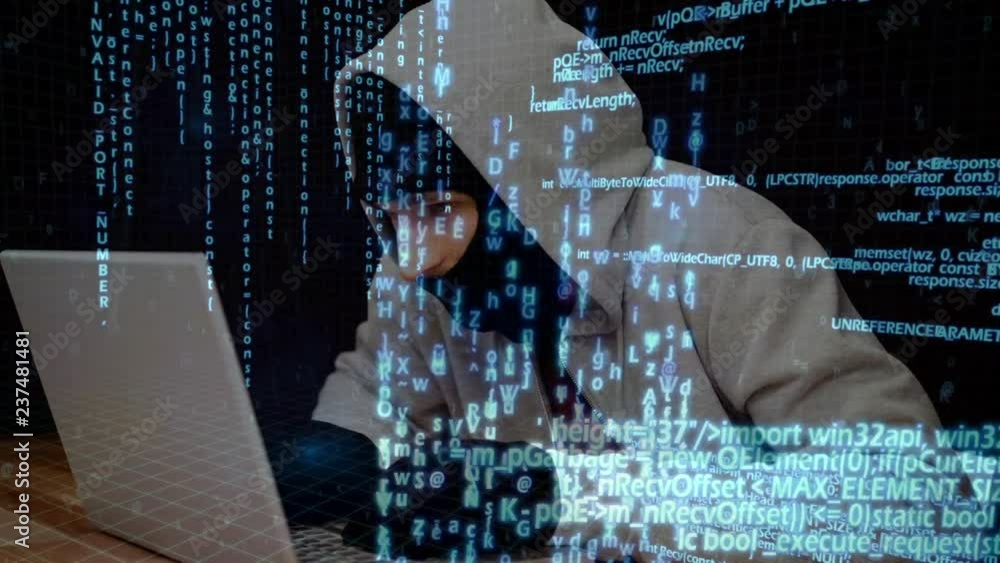 Aufkleber digital animation of hacker using laptop 4k