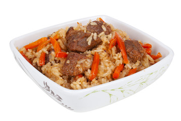 pilaf in a white plate isolated on white background