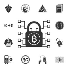 Bitcoin electronic security lock vector icon. Crypto currency set icons