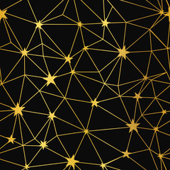 Gold black stars network vector seamless pattern. Great for space and holiday inspired wallpaper, backgrounds, invitations, packaging design projects. Surface pattern design.