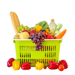 Fresh fruits and vegetables grocery product in green shopping basket isolated on white background