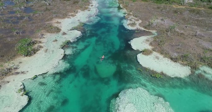 Man swimming in a river from above
