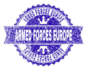 ARMED FORCES EUROPE rosette stamp seal imitation with grunge style. Designed with round rosette, ribbon and small crowns. Blue vector rubber watermark of ARMED FORCES EUROPE caption with grunge style.