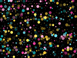 Memphis round confetti festive background in cyan blue, pink and yellow. Childish pattern vector.