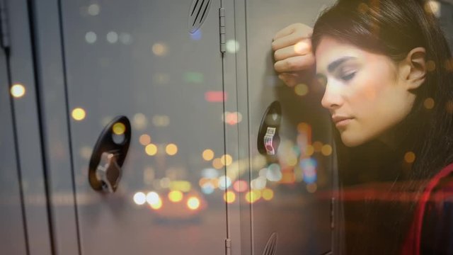 Digital animation of exhausted woman leaning on the locket door 4K