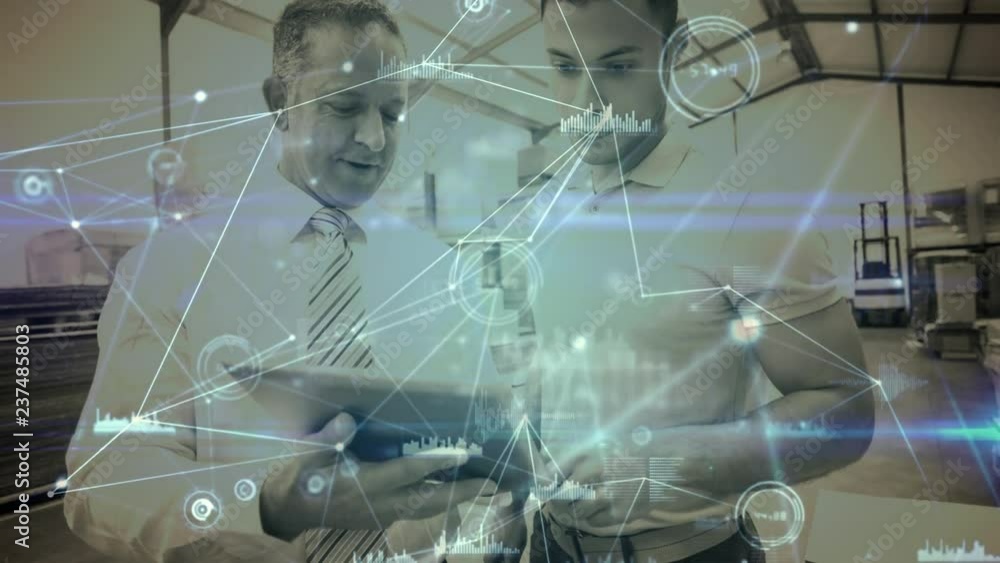 Aufkleber warehouse composition of two men in the warehouse combined with animation of connection
