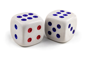 Two white dice, close-up, isolated on white background. Six and six.