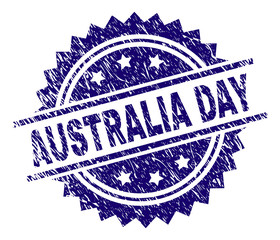 AUSTRALIA DAY stamp seal watermark with distress style. Blue vector rubber print of AUSTRALIA DAY text with dirty texture.