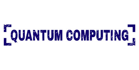 QUANTUM COMPUTING caption seal print with grunge texture. Text caption is placed inside corners. Blue vector rubber print of QUANTUM COMPUTING with corroded texture.