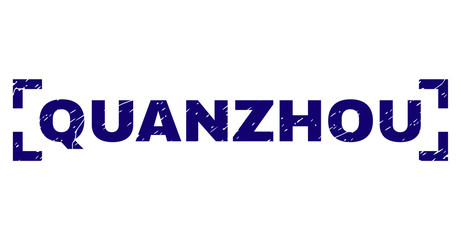 QUANZHOU text seal watermark with corroded texture. Text title is placed inside corners. Blue vector rubber print of QUANZHOU with retro texture.