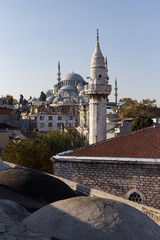 Obraz premium Iconic minaret and domed mosque in a historic Istanbul setting with autumn trees and traditional architecture under a clear sky