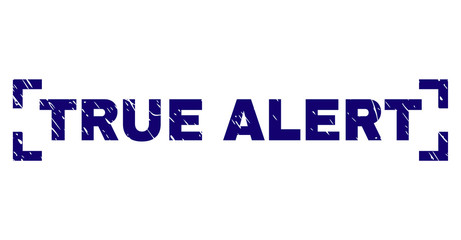 TRUE ALERT text seal print with distress texture. Text caption is placed between corners. Blue vector rubber print of TRUE ALERT with retro texture.