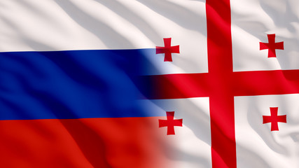 Waving Russia and Georgia Flags