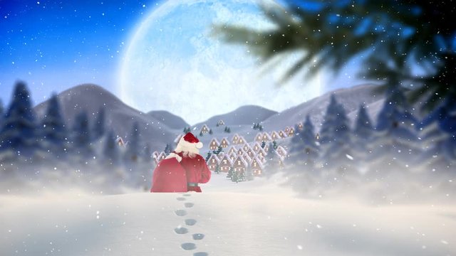 Santa clause wandering through snowscape combined with falling snow