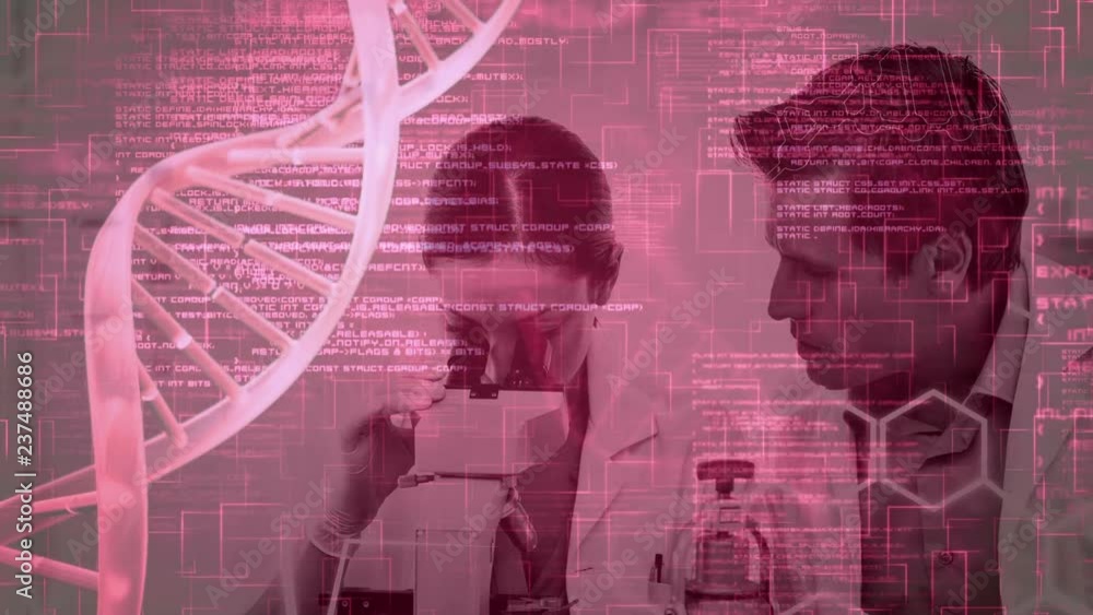 Poster science composition animated dna with coded text combined with a photo of scientists c