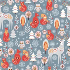 Papier Peint photo Motifs de Noël Modèle sans couture avec forêt d& 39 hiver, cerf, hibou et renard.
