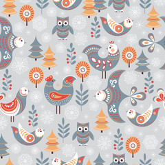 Pattern with birds, owls, trees and snowflakes