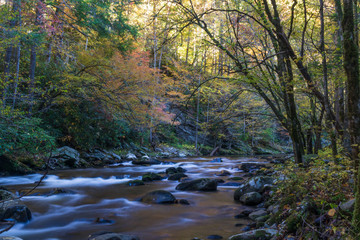 Middle Prong Little River surrounded by fall foliage in the  Great Smoky Mountains National Park, Tennessee