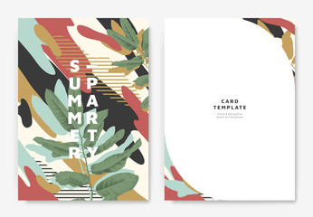 Botanical summer party invitation card template design, green leaves with colorful abstract graphic shapes, blue, red and yellow tones