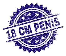 18 CM PENIS stamp seal watermark with distress style. Blue vector rubber print of 18 CM PENIS tag with dust texture.