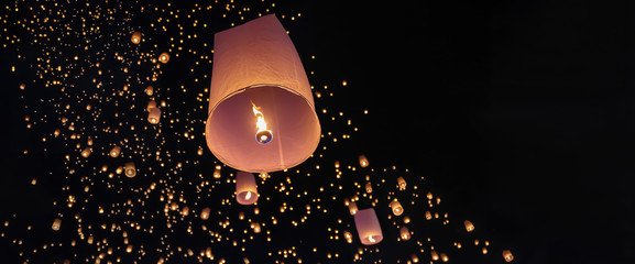 Tourist floating sky lanterns in Loy Krathong festival , Chiang Mai ,Thailand. © toa555