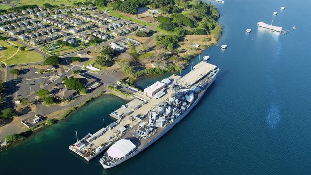 Aerial view Missouri Battleship Memorial and USS Arizona War Memorial Pearl Harbor Honolulu Hawaii Oahu 