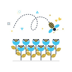 Blue and golden top view flying honey bee icon with signs and symbols on white background